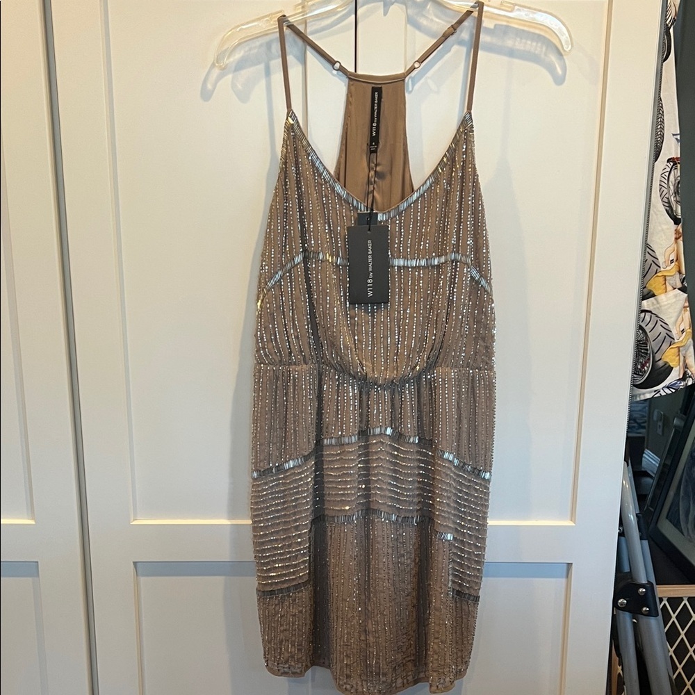 NWT W118 by Walter Baker Beaded Taupe Brown Backless Destiny Dress Size 4 - Picture 2 of 16
